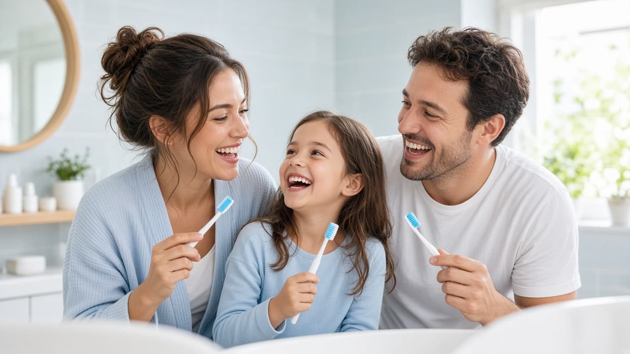 Diş fırçalarıyla gülümseyen aile