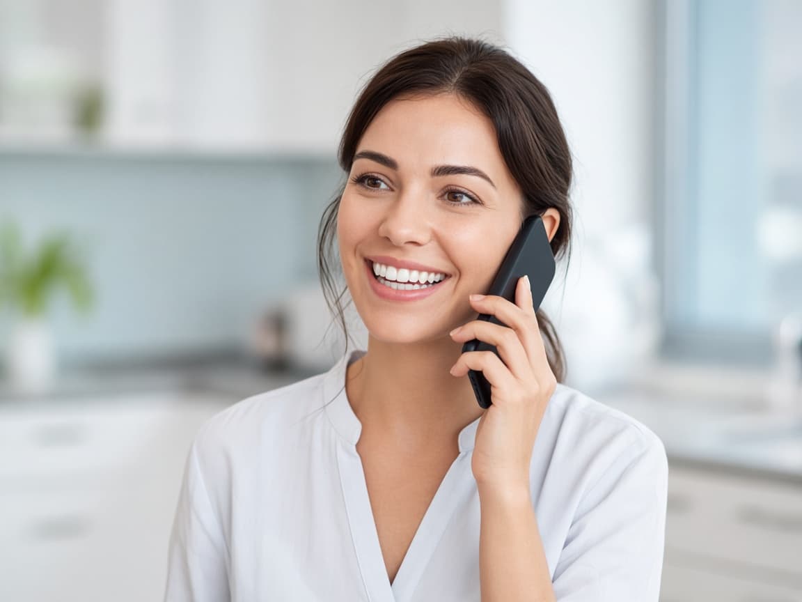 Telefonla randevu alırken gülümseyen hasta